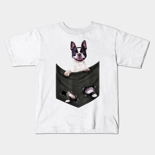 Boston Terrier Dog In Pocket Kids T-Shirt by Xamgi